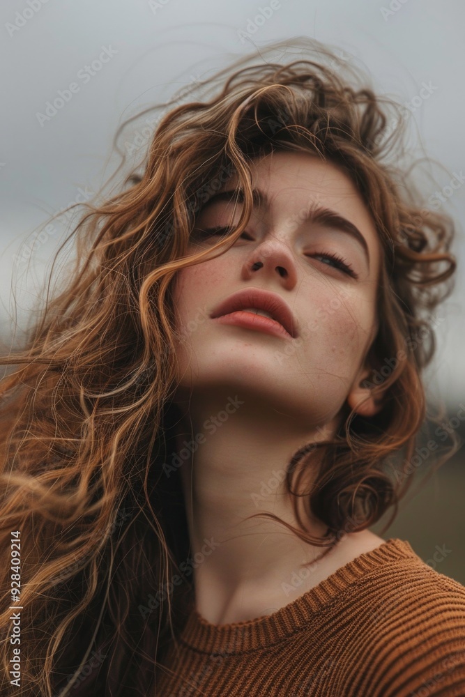 A woman with her eyes closed, her hair blown back by the wind A woman with her eyes closed, her hair blown back by the wind