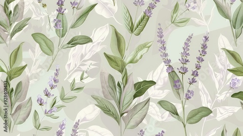 A continuous pattern background of vintage-styled botanical illustrations with sprigs of lavender and sage, rendered in soft lavenders and muted greens.