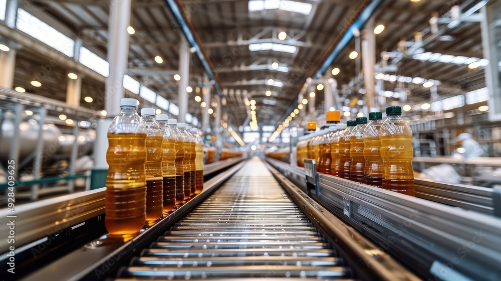 Fototapeta premium A conveyor belt in a spotlessly clean factory with plastic bottles being automatically filled with iced tea. 