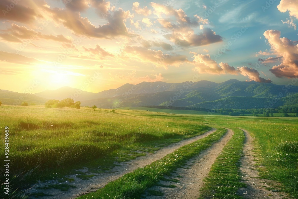 A rural dirt road leads through a lush green field, with mountains visible in the distance A rural dirt road leads through a lush green field, with mountains visible in the distance