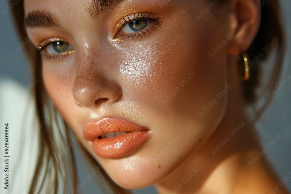 Glamorous portrait of model with natural make up and shiny highlighter on skin glossy lips Glamorous portrait of model with natural make up and shiny highlighter on skin glossy lips