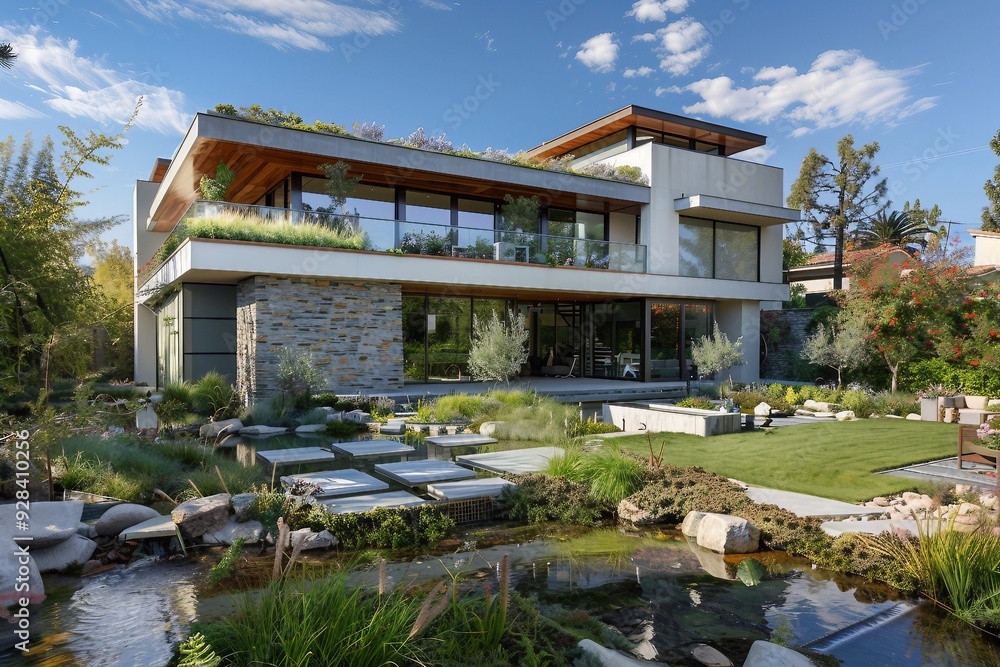 Modern Luxury Home with Water Feature and Lush Landscaping Modern Luxury Home with Water Feature and Lush Landscaping