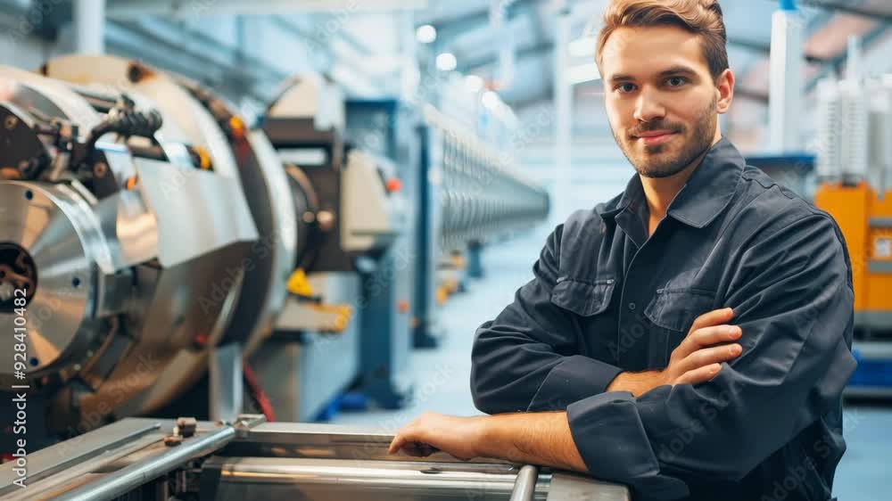 Confident young male engineer in a navy-blue jumpsuit, standing by industrial machinery in a well-lit factory, showcasing professionalism and expertise. Confident young male engineer in a navy-blue jumpsuit, standing by industrial machinery in a well-lit factory, showcasing professionalism and expertise.