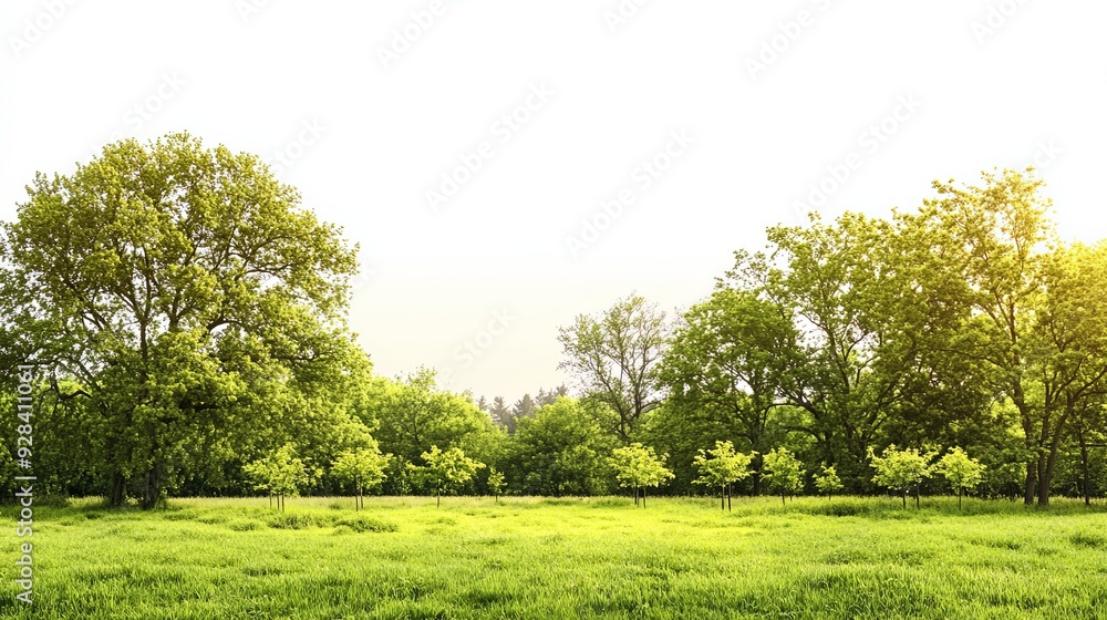Obraz premium Lush Green Forest Meadow with Sunlight Filtering Through Trees