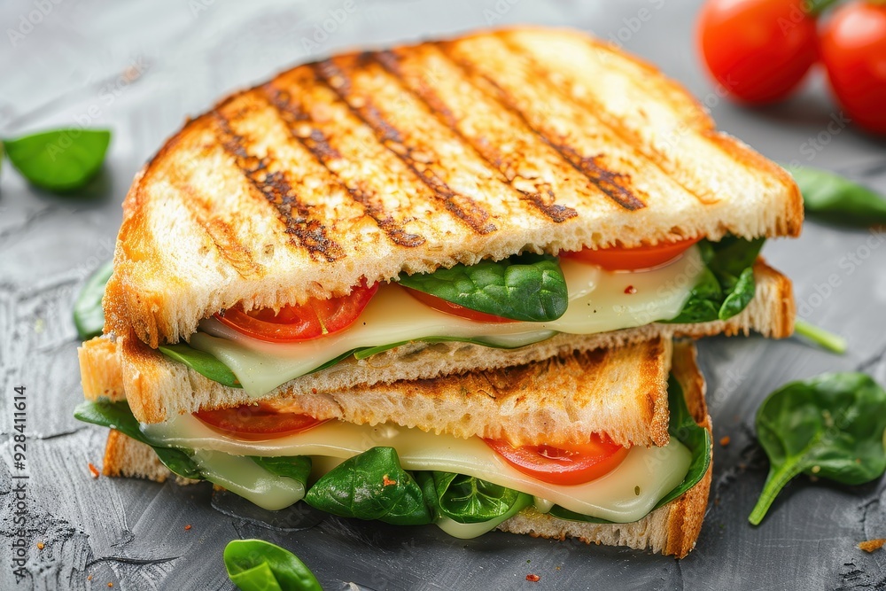 Grilled cheese sandwich with spinach and tomato on concrete Grilled cheese sandwich with spinach and tomato on concrete