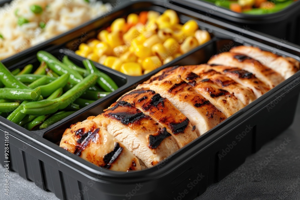 Grilled chicken rice green beans and corn in lunch containers Grilled chicken rice green beans and corn in lunch containers