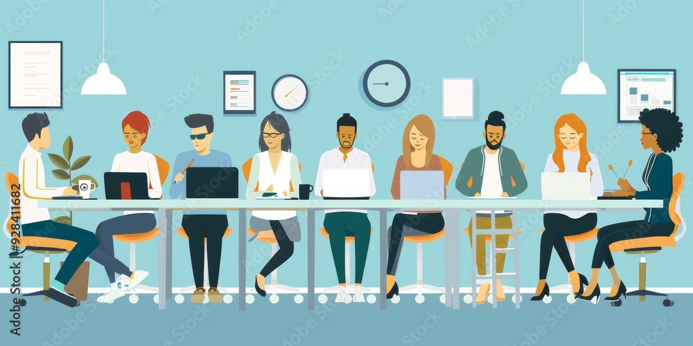 flat illustration group business team meeting and working collaboration in office workplace concept, Generative AI flat illustration group business team meeting and working collaboration in office workplace concept, Generative AI