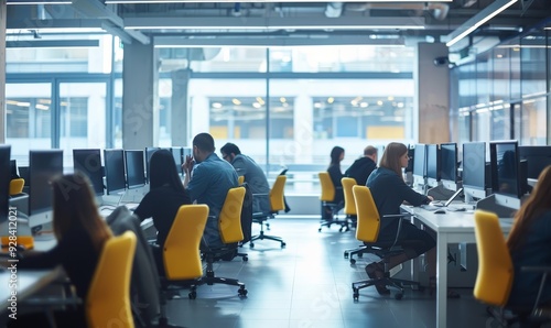 Business people office workers group using pc working talking in big modern coworking space, employees team women men sitting at desks with computers in modern enterprise interior at, Generative AI