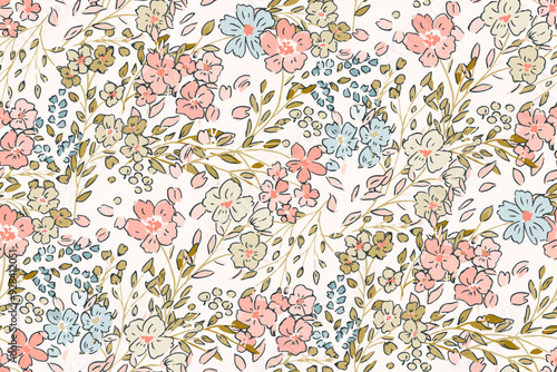 Cute feminine seamless watercolor pattern with little tiny wildflowers, hand drawn, not AI
