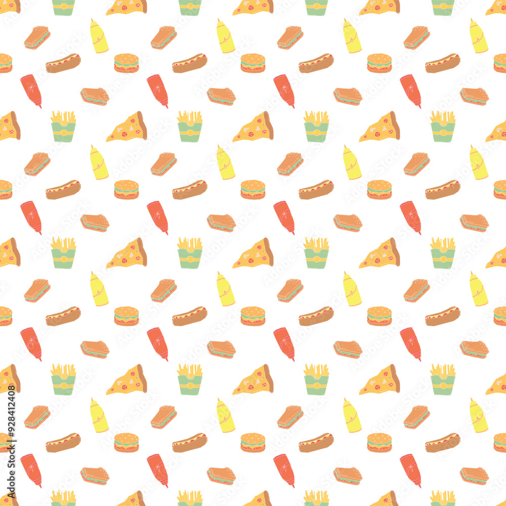 Seamless fast food pattern. fast food background. Drawn food pattern Seamless fast food pattern. fast food background. Drawn food pattern