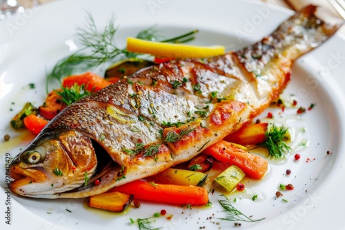 Fried Trout Fillet, Red Fish, Salmon or Keta Meat and Vegetable Stew With Fennel, Thyme and Lemon