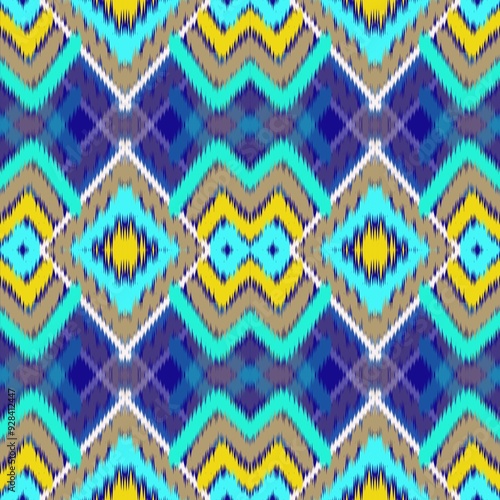 Colorful ikat pattern in vintage style. Elegant ethnic background. Hand drawn oriental art. Seamless geometric vintage texture