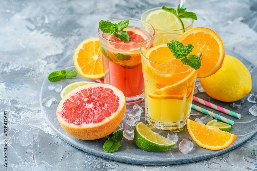 Fruit juice with diced citrus with copy space. Background, mockup with lemon, lime, orange Fruit juice with diced citrus with copy space. Background, mockup with lemon, lime, orange