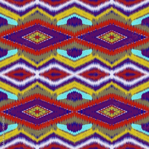  Colorful ikat pattern in vintage style. Elegant ethnic background. Hand drawn oriental art. Seamless geometric vintage texture