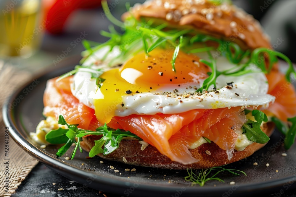 Healthy breakfast of salmon and egg benedict on toast at table Close up Healthy breakfast of salmon and egg benedict on toast at table Close up