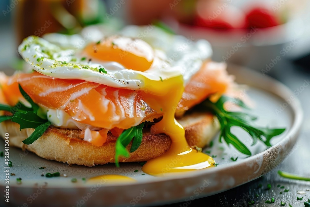 Healthy breakfast with eggs benedict and salmon on toast Close up on table Healthy breakfast with eggs benedict and salmon on toast Close up on table