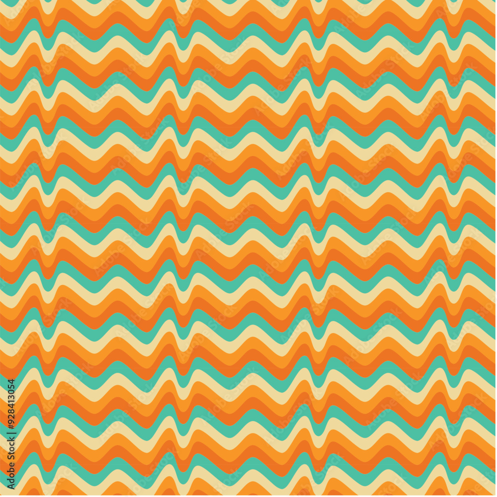 70's Retro Seamless Pattern, 60s and 70s Aesthetic Style. Wavy Groovy pattern in turquoise, orange, yellow and beige colors. 70's Retro Seamless Pattern, 60s and 70s Aesthetic Style. Wavy Groovy pattern in turquoise, orange, yellow and beige colors.