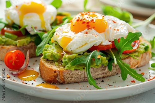 Healthy breakfast with open brioche sandwich avocado poached egg arugula and cherry tomato plus toast with guacamole and eggs benedict photo