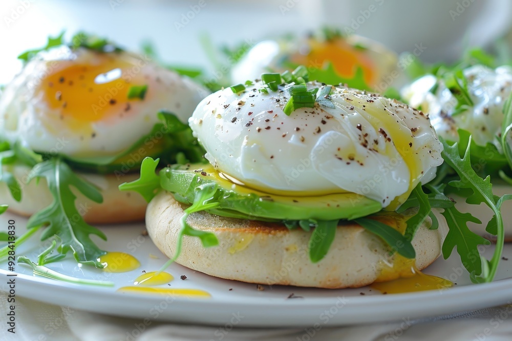 Healthy twist on eggs benedict English muffins with arugula avocado and poached eggs Healthy twist on eggs benedict English muffins with arugula avocado and poached eggs