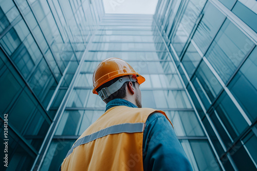 An engineer in a helmet inspects the facade of a constructed high-rise building.