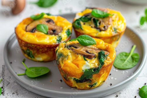 Healthy vegetarian egg muffins with mushroom spinach and cheese for breakfast