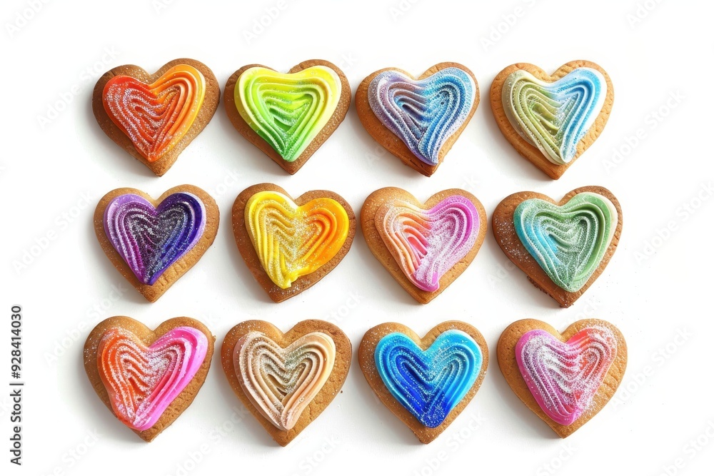 Heart shaped rainbow flavored cookies on white background mockup template with various designs for artwork Heart shaped rainbow flavored cookies on white background mockup template with various designs for artwork