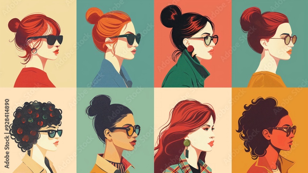 Pop Art Style Collage of Diverse Women in Sunglasses, Celebrating Women's Equality Day with Vibrant Colors and Bold Graphic Design Pop Art Style Collage of Diverse Women in Sunglasses, Celebrating Women's Equality Day with Vibrant Colors and Bold Graphic Design
