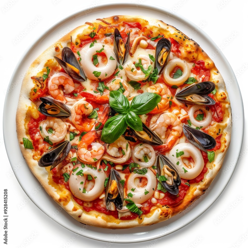 Seafood Pizza, Pizza Ai Frutti Di Mare with Squid Rings, Mussels and Shrimps with Tomato Sauce Seafood Pizza, Pizza Ai Frutti Di Mare with Squid Rings, Mussels and Shrimps with Tomato Sauce