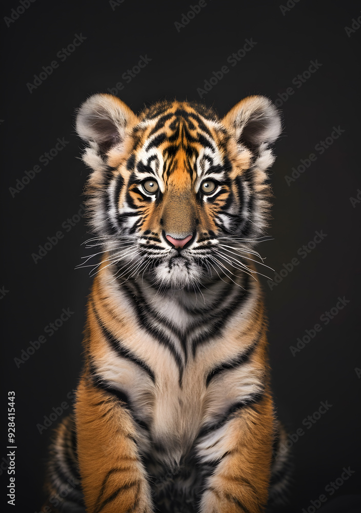 Fototapeta premium A stunning image showing a young tiger in closeup, with vibrant stripes, expressive eyes, and intricate fur set against a dark background, highlighting its majestic beauty