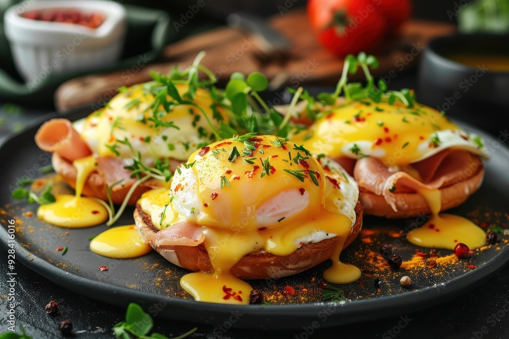 Tasty morning meal featuring eggs Benedict Tasty morning meal featuring eggs Benedict