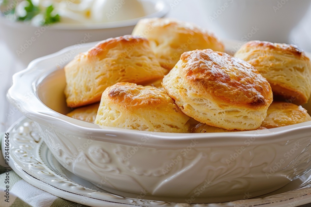 Homemade southern biscuits or scones in a white bowl Homemade southern biscuits or scones in a white bowl