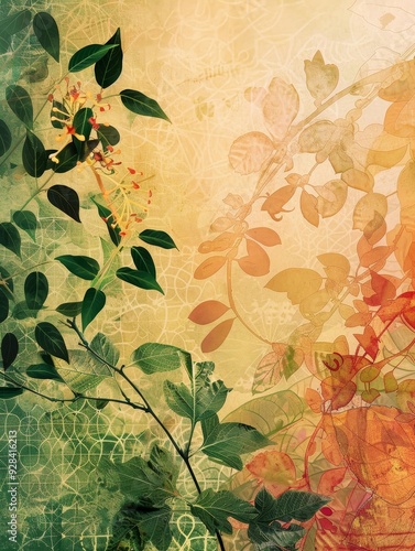 A beautiful watercolor background featuring vibrant green leaves, delicate orange foliage, and a soft, golden glow. This image evokes feelings of nature, tranquility, and artistic beauty.