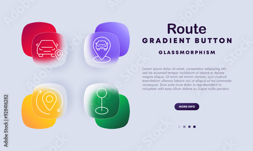 Route icon set. Car with pin, vehicle location, circular navigation, and pin on stand icons. Glassmorphism design with gradient buttons for UI UX, mobile, and web applications