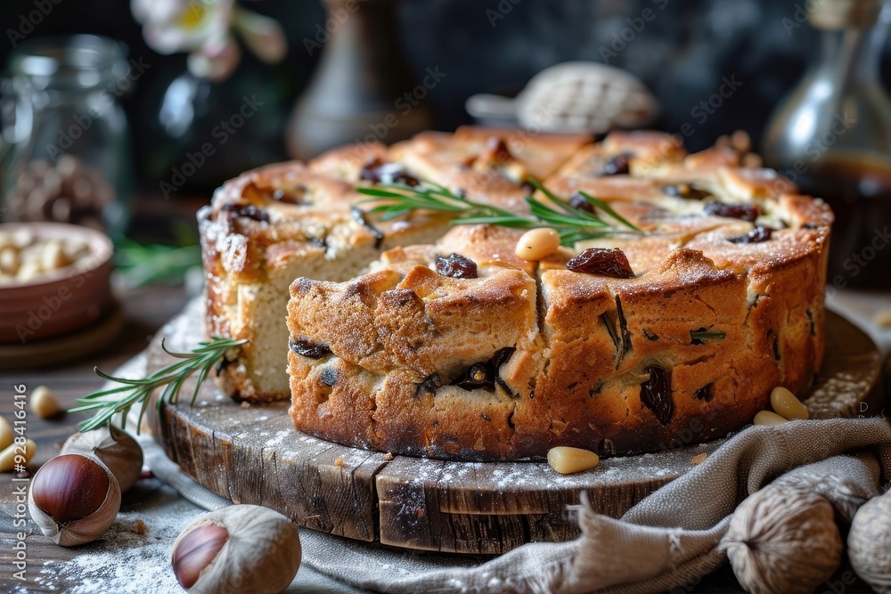 Homemade Tuscan vegan chestnut cake made without wheat flour with water olive oil pine nuts rosemary and raisins Homemade Tuscan vegan chestnut cake made without wheat flour with water olive oil pine nuts rosemary and raisins