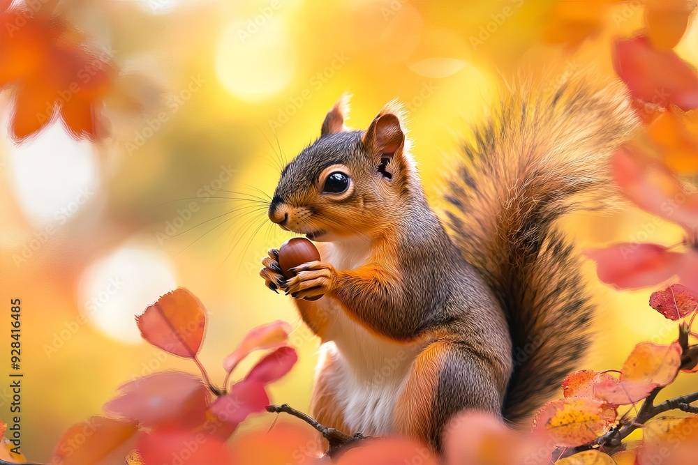 Squirrel Holding an Acorn Among Vibrant Autumn Leaves in a Forest Squirrel Holding an Acorn Among Vibrant Autumn Leaves in a Forest