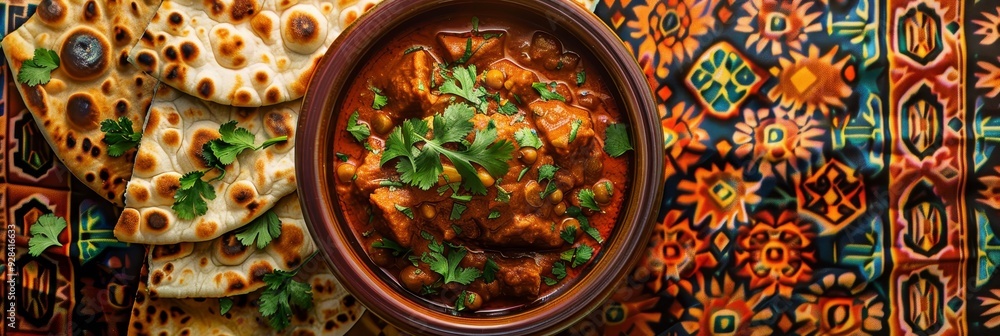 A bowl of rich, aromatic curry with tender meat and fresh herbs, served with soft, fluffy naan bread, all on a vibrant patterned rug, symbolizing flavors, culture, tradition, and comfort. A bowl of rich, aromatic curry with tender meat and fresh herbs, served with soft, fluffy naan bread, all on a vibrant patterned rug, symbolizing flavors, culture, tradition, and comfort.