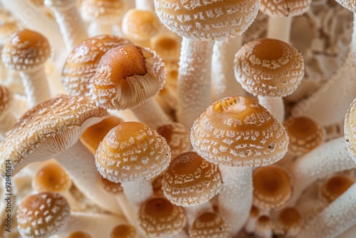 Honey mushrooms grown in groups on farm Mushroom cultivation with Cyclocybe aegerita mycelium bloc photo