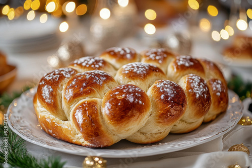 Challah braided bread on a plate closeup on festive decorated table.  photo