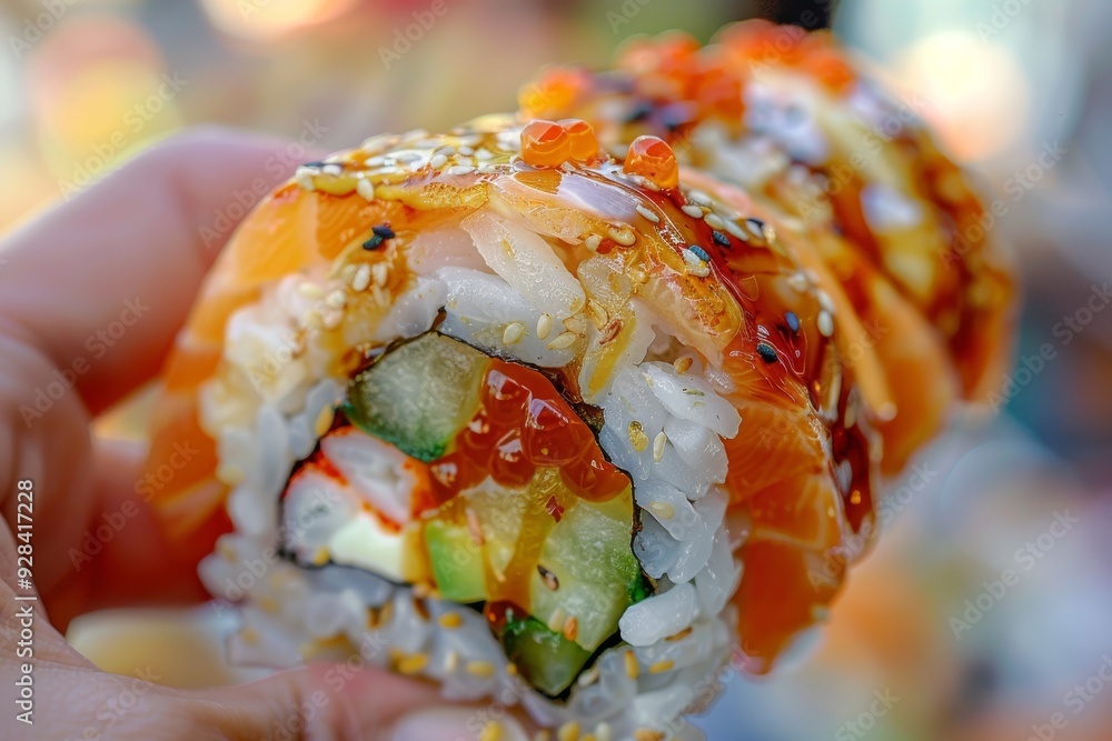 Eating Sushi Rolls with Chopsticks in Hands, Taking Sushi Roll, Eating Susi in Japanese Restaurant Eating Sushi Rolls with Chopsticks in Hands, Taking Sushi Roll, Eating Susi in Japanese Restaurant