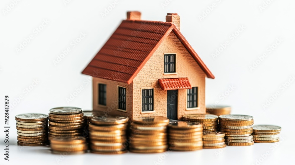 Real estate investment with A miniature house model surrounded by stacks of coins on a table, symbolizing real estate investment and financial growth,Concept for property ladder,Saving money. Real estate investment with A miniature house model surrounded by stacks of coins on a table, symbolizing real estate investment and financial growth,Concept for property ladder,Saving money.