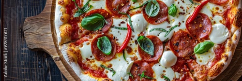 Pepperoni Pizza, Traditional Italian Diabolo Pizza Flatbread on Wood Plate with Salami, Chili Pepper photo