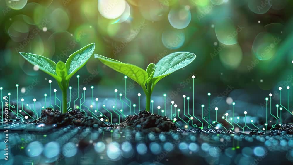 A background of circuit board patterns with plant, Blue geometric background. 