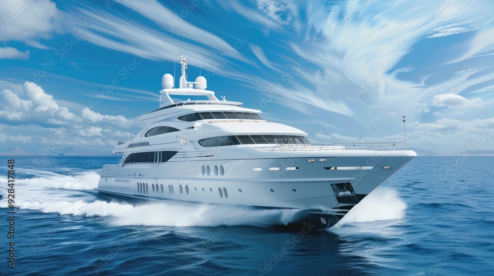 A sleek yacht glides gracefully over sparkling waters, illuminated by the midday sun and framed by a vibrant sky filled with fluffy clouds A sleek yacht glides gracefully over sparkling waters, illuminated by the midday sun and framed by a vibrant sky filled with fluffy clouds