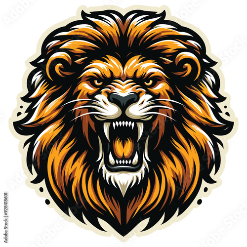 Fierce roaring lion illustration in orange and black, isolated on white, logo or tattoo design