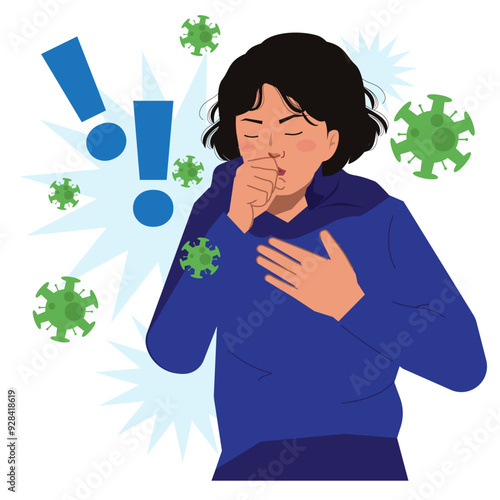 woman violently coughing in blue hoodie illustration