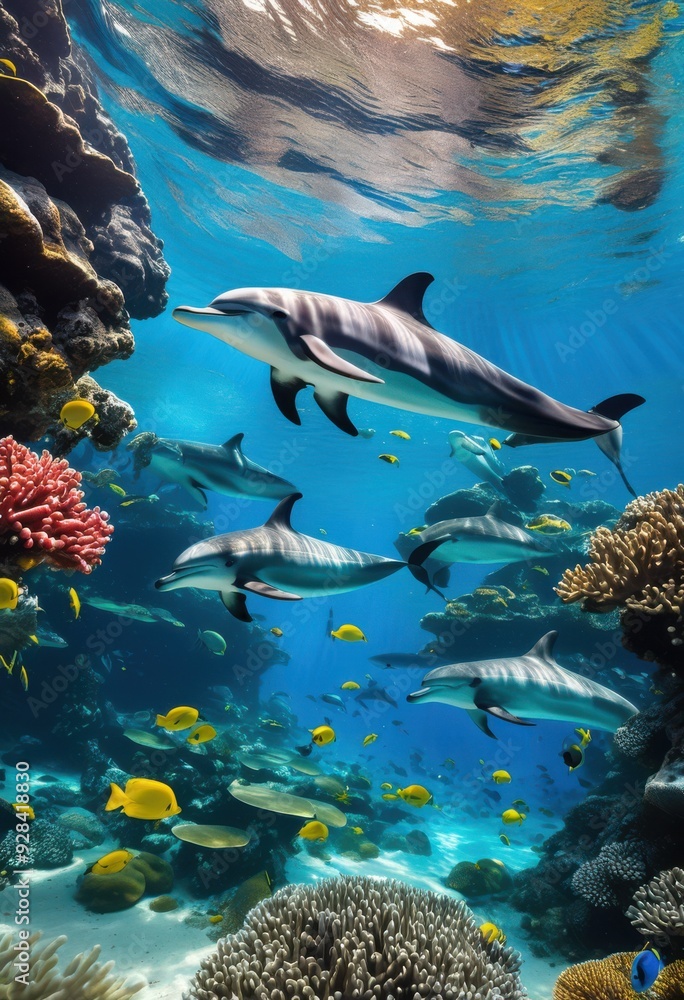 Fototapeta premium colorful coral reefs teeming diverse marine life vibrant ecosystems, fish, underwater, ocean, biodiversity, tropical, algae, seaweed, habitat, shells