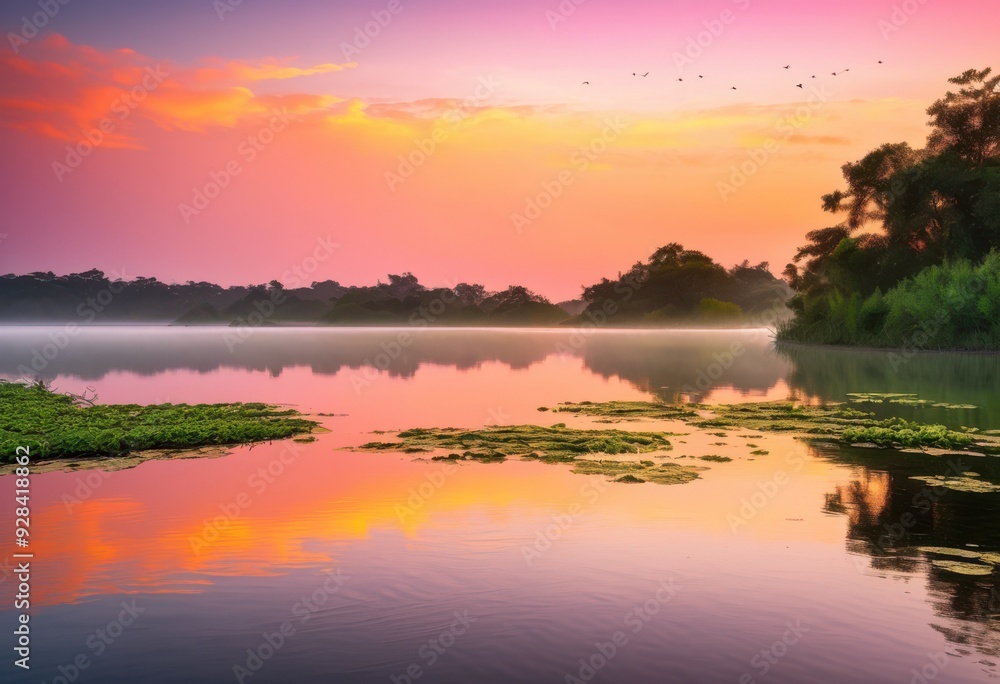 Fototapeta premium tranquil sunrise over serene water beautiful reflections creating peaceful landscape, beauty, dawn, daylight, glow, horizon, light, morning, panorama