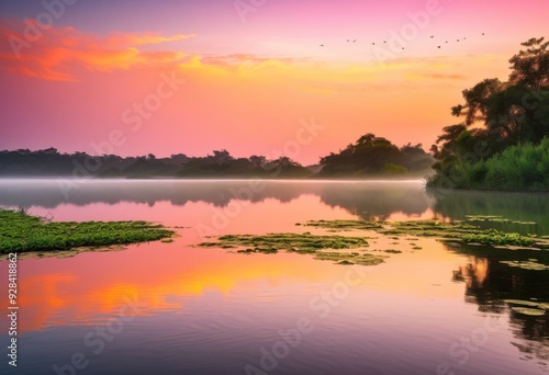 tranquil sunrise over serene water beautiful reflections creating peaceful landscape, beauty, dawn, daylight, glow, horizon, light, morning, panorama