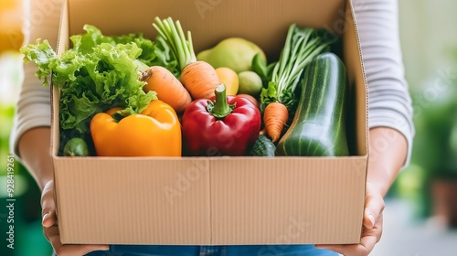 A close-up image of a person holding a box filled with fresh organic vegetables, showcasing a variety of colorful produce. photo