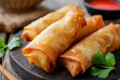 Popular Chinese vegetarian appetizer crispy deep fried spring rolls photo